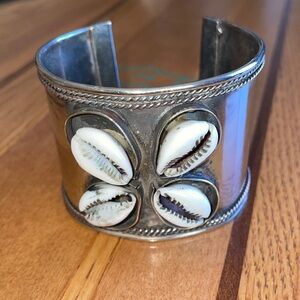 Boho Tribal Silver Plated Brass Cuff Bracelet Cowrie Shells Statement